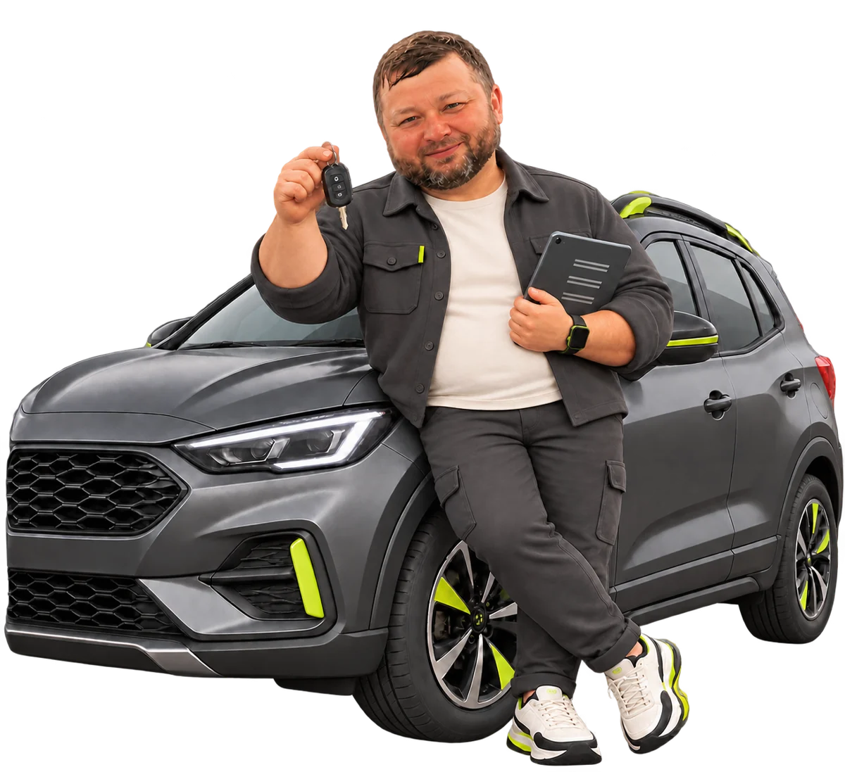 Мультяшный Мишаня с ключами и планшетом рядом с автомобилем